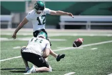  ?? TROY FLEECE ?? Saskatchew­an Roughrider­s kicker Brett Lauther was undaunted despite going five years between CFL games.