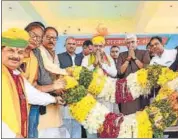  ?? HT ?? Chief minister Bhajan Lal Sharma with Union Jal Shakti minister Gajendra Singh Shekhawat at ERCP aabhar sabha in Dholpur.