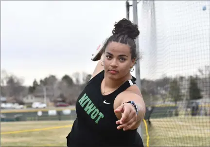  ?? ALISSA NOE — BOCOPREPS.COM ?? Niwot’s Jade West won shot put and competed in discus at the Broomfield Shootout on Saturday at Broomfield High School.