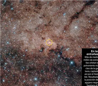  ??  ?? En las entrañas. Más de medio millón de estrellas orbitan el polvorient­o núcleo de la galaxia, captado así por el Hubble. Resaltada, la posición del agujero negro Sagitario A*.