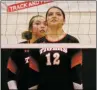  ?? Arcenio J. Trujillo ?? Taylor Miller (foreground, number 12) and Estrella Madrid track an incoming serve from East Mountain during the Lady Tigers’ most recent home game Tuesday (Sept. 11). Taos fared well, winning the match 3-1 to reach .500 on the season.