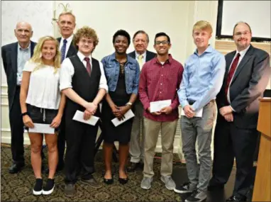  ?? SUBMITTED PHOTO ?? West Chester High School Alumni Associatio­n scholarshi­p winners. James Jenkins, left, WCHSAA, Natalie Miller, Dr. Jim Scanlon, Jason Scansaroli, Inaya Madyun, Tysons Cooper, WCHSAA, Adam Fernandes, Calvin Pash, and Dr. Jason Sherlock.