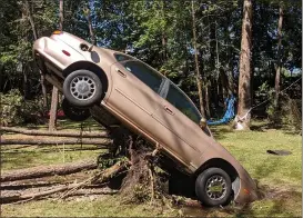  ?? PHOTO BY JAMES GODFREY ?? The remnants of Ida pushed this car up onto a stump at Cabin Craft Ski Shop and Outdoor Adventures, just south of the Spring Mount Road bridge over Perkiomen Creek.