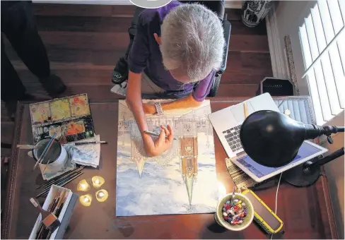  ?? [PHOTOS BY DOUG HOKE, THE OKLAHOMAN] ?? Artist Greg Burns works July 25 in his home studio.