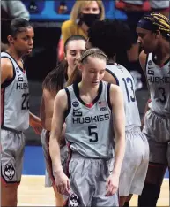  ?? Eric Gay / Associated Press ?? UConn guard Paige Bueckers (5) reacts after getting fouled during the second half of Friday’s Final Four loss to Arizona.