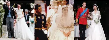  ?? KRISTY WIGGLESWOR­TH/ MARTIN MEISSNER/ AP ?? Left, Pippa Middleton and James Matthews smile after their wedding at St Mark’s Church in Englefield, England. Middle, Prince Charles and Lady Diana Spencer on their wedding day at St. Paul’s Cathedral in London. Right, Britain’s Prince William and his...