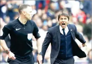  ?? IAN KINGTON/AFP ?? Chelsea manager Antonio Conte (right) gestures during the FA Cup semifinal against Tottenham Hotspur at Wembley Stadium in London on Saturday.