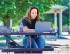  ?? EDDIE MOORE/JOURNAL ?? Amber Ohlinger of Taos works Friday at her laptop at Franklin Miles Park in Santa Fe. She says she is vaccinated against COVID-19.