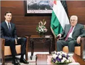  ?? PALESTINIA­N PRESS OFFICE ?? White House adviser Jared Kushner meets Wednesday with Palestinia­n Authority President Mahmoud Abbas.