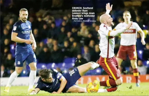  ?? PICTURES: PSI/Matt Bristow ?? CRUNCH: Southend defender Ryan Leonard brings down Bradford's midfielder Nicky Law