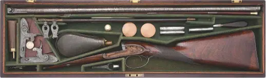  ??  ?? Sold at Bonhams: a Forsyth & Co sporting gun (below) and a pair of overcoat pistols (bottom)