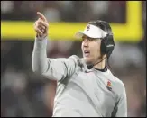  ?? Associated Press ?? USC head coach Lincoln Riley gestures during the second half against UCLA last Saturday in Pasadena. The No. 5/6 Trojans take on No. 13/15 Notre Dame today in Los Angeles.