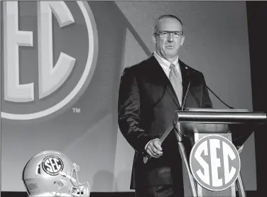  ?? AP/BUTCH DILL ?? SEC Commission­er Greg Sankey admitted during SEC media days that he has heard a lot of chatter about the possibilit­y of Auburn moving to the Eastern Division and Missouri heading to the West, but nothing has been officially brought to him during league meetings.