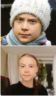  ?? Foto: dpa ?? In dicke Klamotten gehüllt – so hat Greta Thunberg ihren Schulstrei­k begonnen, durch den sie berühmt wurde. Und so wie auf dem unteren Bild sieht es aus, wenn man per Video mit Greta Thunberg spricht.
