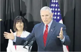  ?? LEE JIN-MAN/ASSOCIATED PRESS ?? U.S. Vice President Mike Pence speaks as his wife Karen Pence listens at a dinner with soldiers and family after an Easter Sunday church service at a military base in Seoul, South Korea. Pence begins a 10-day trip to Asia that comes amid turmoil on the...