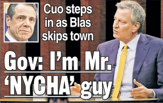  ??  ?? MIA: Mayor de Blasio speaks in Texas on Sunday as city residents struggle with his Housing Authority — and Gov Cuomo (inset) steps up.