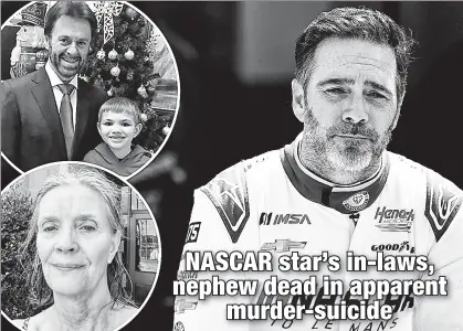  ?? Getty Images ?? DEATHS IN THE FAMILY: NASCAR star Jimmie Johnson’s father-in-law Jack Janway (inset top left), nephew Dalton (inset top right) and mother-in-law Terry Janway (inset bottom) were found dead Monday in Oklahoma in a suspected murder-suicide.