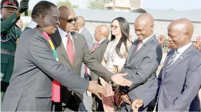  ?? – Picture: Presidenti­al Photograph­er Tawanda Mudimu ?? President Mnangagwa is introduced to Botswana government Ministers by his counterpar­t President Mokgweetsi Masisi on arrival at the Maun Internatio­nal Airport in Botswana yesterday. President Mnangagwa is in Botswana for the 4th Session of the Botswana-Zimbabwe Bi-National Commission being held in Maun Resort City.