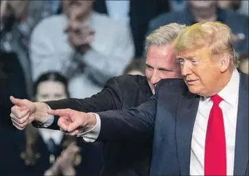  ?? David McNew Getty Images ?? HOUSE Minority Leader Kevin McCarthy with President Trump at a rally in Bakersfiel­d last year. McCarthy embraced Trump so readily during his presidency that Trump nicknamed him “My Kevin.”