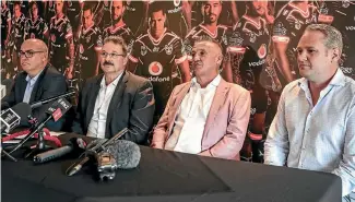  ?? CHRIS SKELTON/STUFF ?? ARL chairman Cameron McGregor, second from left, at the announceme­nt of the Warriors purchase.