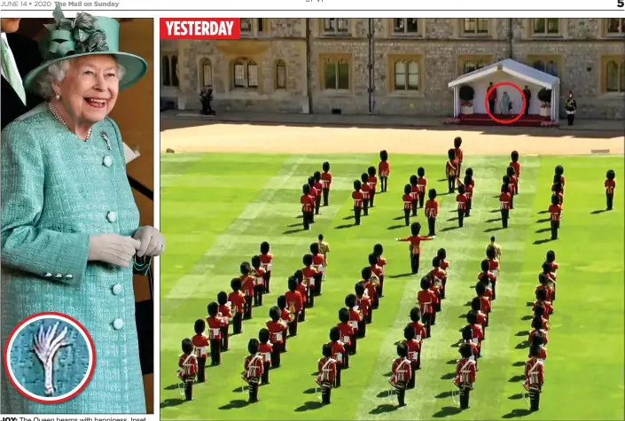  ??  ?? YESTERDAY JOY: The Queen beams with happiness. Inset circled: Her brooch tribute to the Welsh Guards REDUCED POMP: Just a handful of Guardsmen and musicians took part in the pared-down birthday celebratio­ns, watched by Her Majesty, circled