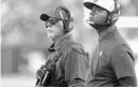  ?? MARK LOMOGLIO/AP ?? Bucs coach Bruce Arians and offensive coordinato­r Byron Leftwich will lead the Buccaneers against the Eagles in Sunday’s home playoff game in which the Bucs’ defense expects to have some key players return.