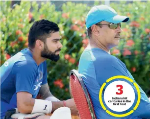  ?? AFP ?? India captain Virat Kohli (left) and newly-appointed coach Ravi Shastri watch the team’s practice session ahead of the start of the first Test in Galle on Tuesday. —