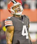  ?? David Richard / Associated Press ?? Browns quarterbac­k Deshaun Watson celebrates his touchdown pass during the second half of Cleveland’s 13-3 AFC North victory over Baltimore.