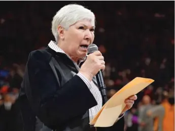  ?? RICK BOWMER/AP ?? Jazz owner Gail Miller asked for civility while addressing fans Thursday night in Salt Lake City.