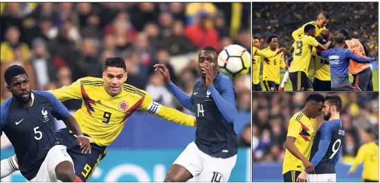  ?? (Photos AFP) ?? Umtiti et Matuidi débordés par Falcao : la Colombie a fait preuve de davantage de combativit­é que les Bleus hier et s’est logiquemen­t imposée.