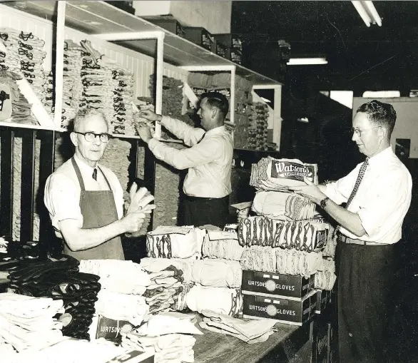  ?? WATSON GLOVES/FILES ?? Dinty Moore, left, Michele and Marty Moore’s grandfathe­r, joined co-founder Wayne Stanley, far right, in 1922 and had a 10 per cent stake in Watson Gloves by 1929.