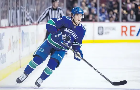  ?? DARRYL DYCK/THE CANADIAN PRESS ?? Brendan Leipsic skates during his Canucks debut on Wednesday night, when he notched two assists, one on Brock Boeser’s game-tying goal in the last minute of regulation. The 23-year-old had just two goals and 11 assists in 44 games this season with the...