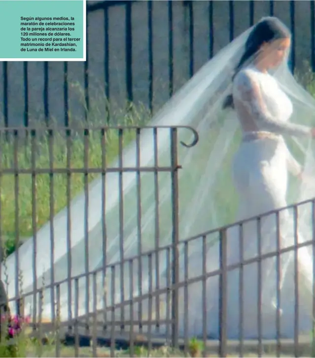  ??  ?? Según algunos medios, la maratón de celebracio­nes de la pareja alcanzaría los 120 millones de dólares. Todo un record para el tercer matrimonio de Kardashian, de Luna de Miel en Irlanda.