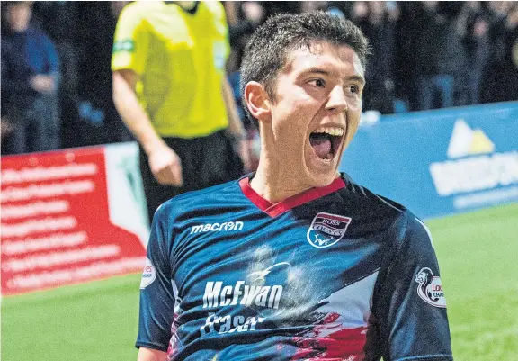  ?? Picture: SNS. ?? Ross Stewart in celebrator­y mood for the Staggies, with the Dingwall striker set to face his former boss tonight.