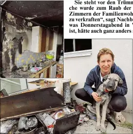  ??  ?? Birgit J. mit Hund „Socke“vor der ausgebrann­ten Wiener Wohnung