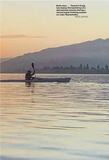  ?? PHOTO: SUPPLIED ?? Early riser . . . Twizel’s Craig Lay enjoys the backdrop of a spectacula­r sunrise during a recent kayak training session on Lake Ruataniwha.