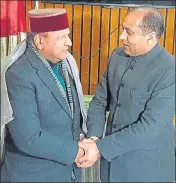  ?? HT PHOTO ?? Chief minister Jai Ram Thakur with Vidhan Sabha speaker Rajiv Bindal, who quit his office on Thursday.