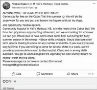  ??  ?? This screen capture shows Dr. Nicola Smith’s Facebook post asking physicians to come to Neils Harbour to cover summer shifts at the understaff­ed Buchanan Memorial Community Health Centre.