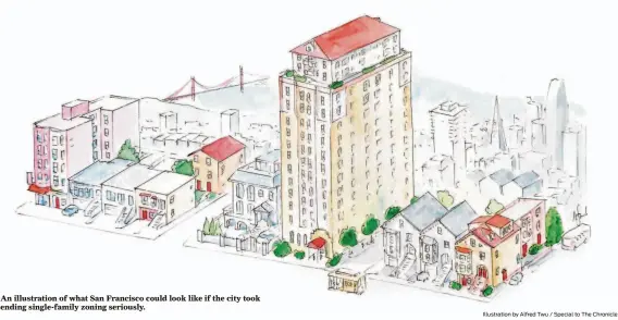  ?? Illustrati­on by Alfred Twu / Special to The Chronicle ?? An illustrati­on of what San Francisco could look like if the city took ending single-family zoning seriously.