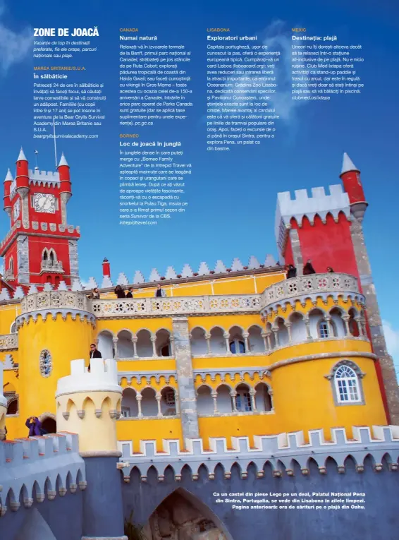  ??  ?? Ca un castel din piese Lego pe un deal, Palatul Național Pena din Sintra, Portugalia, se vede din Lisabona în zilele limpezi.
Pagina anterioară: ora de sărituri pe o plajă din Oahu.