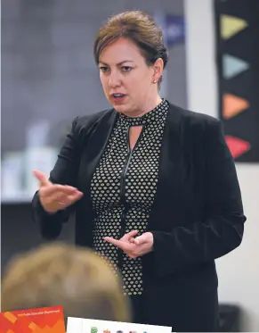  ?? CLYDE MUELLER/THE NEW MEXICAN ?? Public Education Secretary Hanna Skandera talks to a group of educators about the state’s plan for the federal Every Student Succeeds Act at Pojoaque High School on a recent evening.