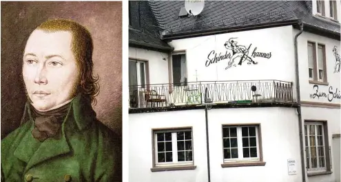  ??  ?? ABOVE: Local ‘wolfshead’ Johannes Buckler, or Schinderha­nnes, after whom this Morbach hotel is named. BELOW: Interior of the roadside shrine at Rapperath.