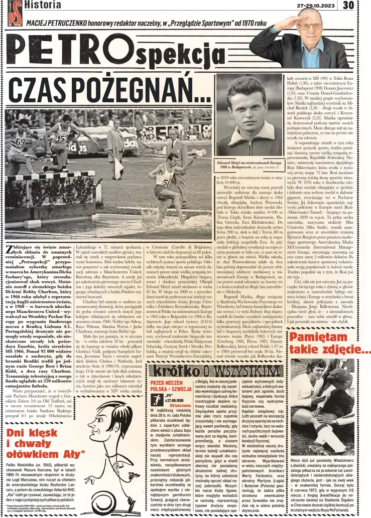  ?? * Edward Ałaszewski (1908–1983) – polski sportowiec iartysta grafik. Grał wsiatkówkę, koszykówkę i piłkę nożną. Jego karykatury sportowców ukazywały się w„przeglądzi­e Sportowym” od 1935 roku. (fot. Janusz Szewiński x2) ?? Edward Motyl na mistrzostw­ach Europy 1966 w Budapeszci­e.