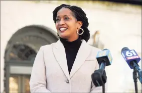  ?? Ned Gerard / Hearst Connecticu­t Media ?? U.S. Rep. Jahana Hayes speaks at a news conference in front of City Hall in Waterbury in November.