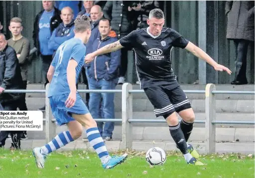  ??  ?? Spot on Andy McQuillan netted a penalty for United (Pictures: Fiona McGinty)