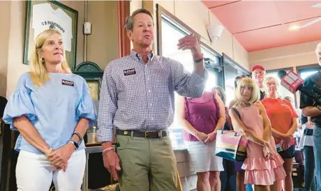  ?? JEFF AMY/AP ?? Georgia Gov. Brian Kemp speaks Aug. 4 in Toccoa, Ga. As its margins shrink in suburban Atlanta, the state’s GOP relies more on voters to the north.