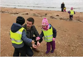  ?? Bild: Cecilia Welin ?? Måns Magnusson, förskolech­ef på Andersberg, hjälper barnen att plocka snäckor på stranden.