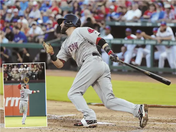  ?? AP PhoToS ?? TWO-WAY PLAY: Dustin Pedroia follows through on a two-run single in the second inning of last night’s game in Arlington, Texas, then later (inset) tracks down a popup in the outfield to help the Red Sox to a 7-5, 11-inning victory against the Rangers.