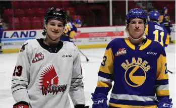 ?? ?? Moose Jaw Miinor Hockey products — and brothers — Atley and Rowan Calvert faced off for the first time as members of the Moose Jaw Warrior and Saskatoon Blades, respective­ly. Nick Pettigrew
