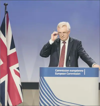  ??  ?? David Davis address the media after a week of talks at EU headquarte­rs in Brussels yesterday.